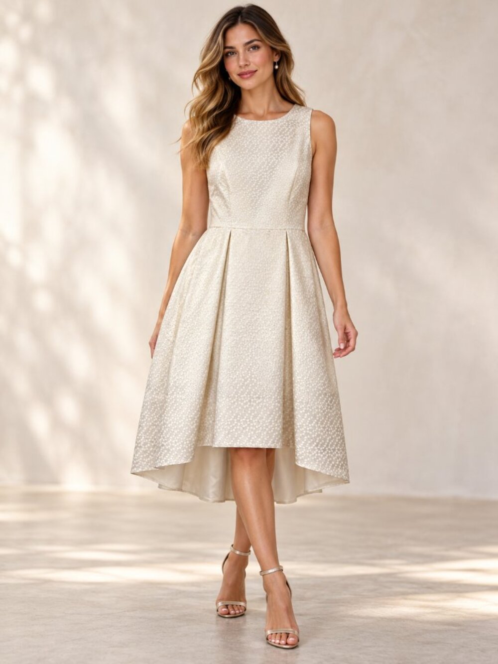 White House Black Market High Low Dress 6 Ivory Metallic Jacquard Cocktail